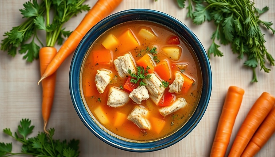 Easy turkey soup with veggies in a vibrant blue bowl, on wooden table.