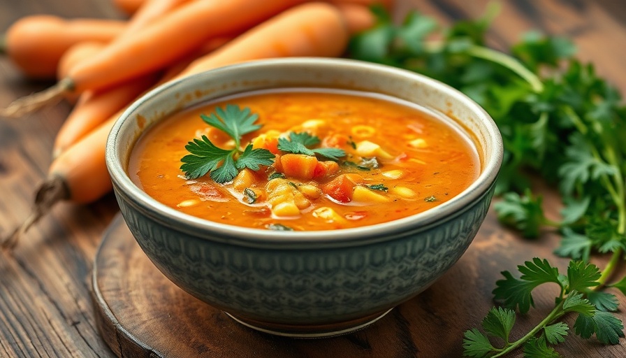Easy Tempeh Vegetable Soup bowl with carrots on wooden table