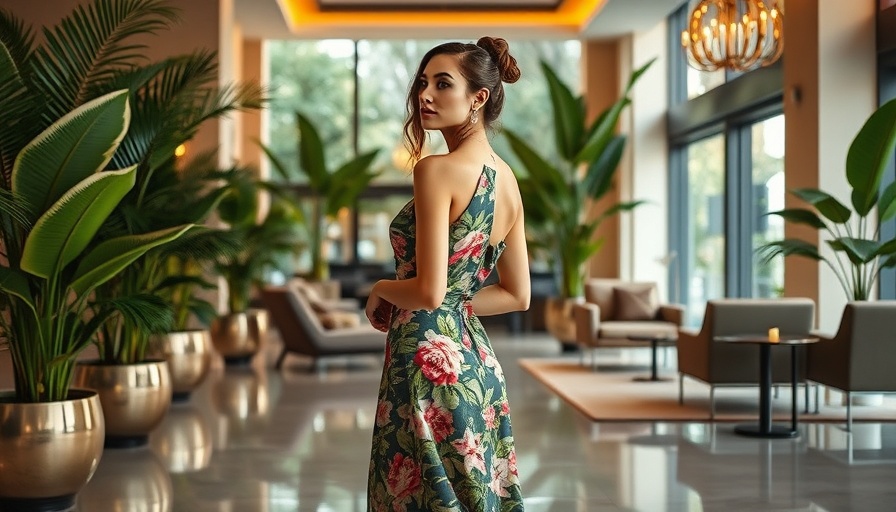 Elegant wedding guest dress in floral design in a chic, tropical setting.