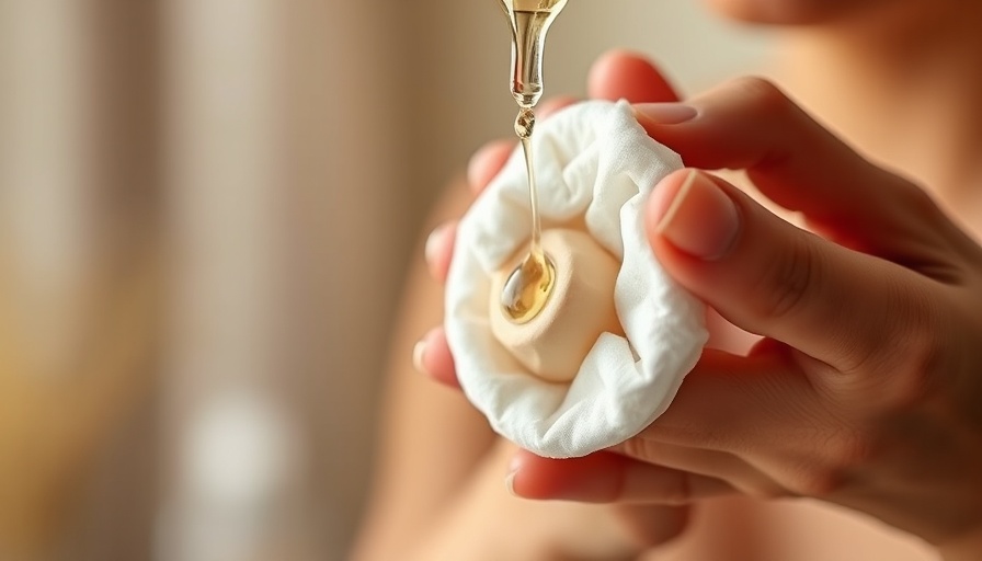 Hands applying exfoliating toner with a cotton pad, serene lighting.