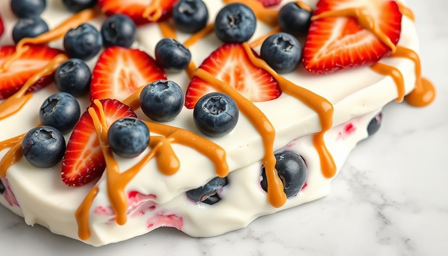 Yogurt bark recipe with berries and peanut butter drizzle.