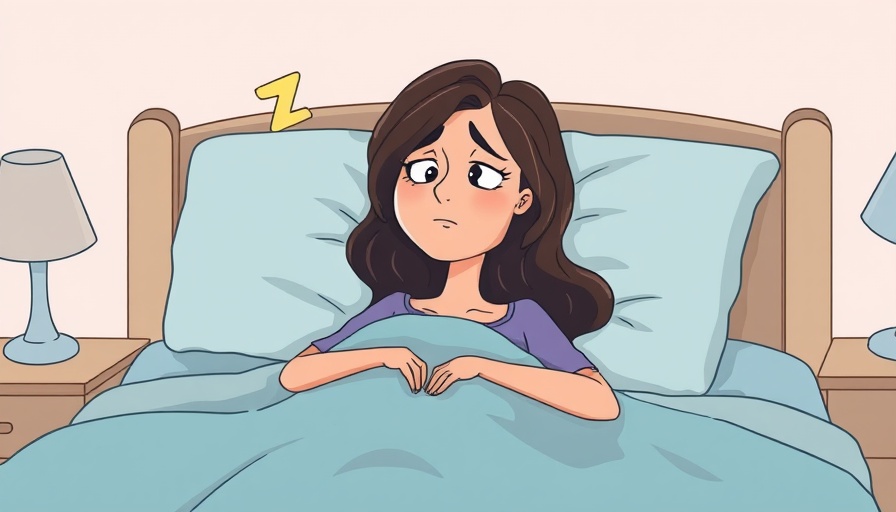 Cartoon woman experiencing sleep issues in bed, conveying stress.