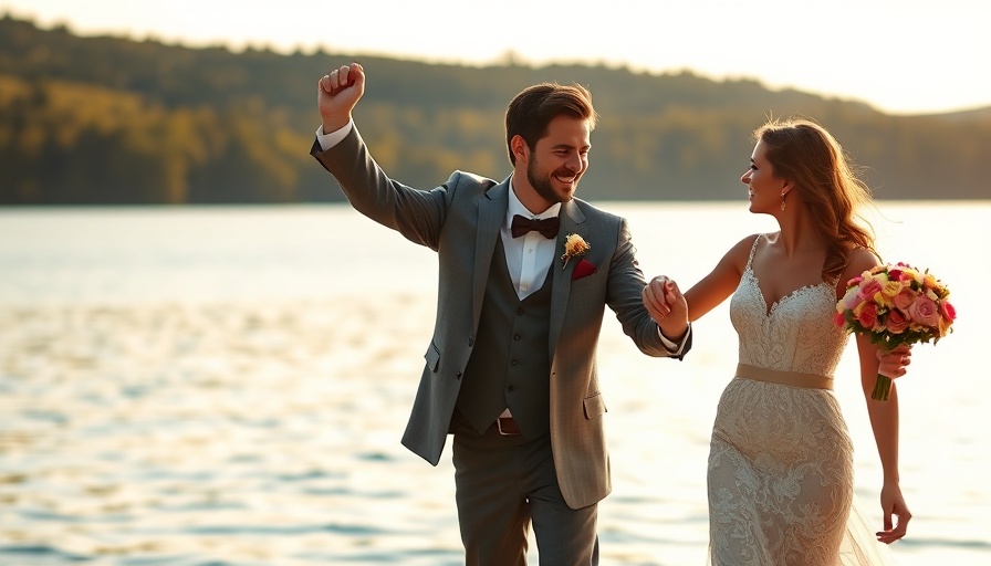 Low-Key Lakeside Wedding celebration with joyful couple.