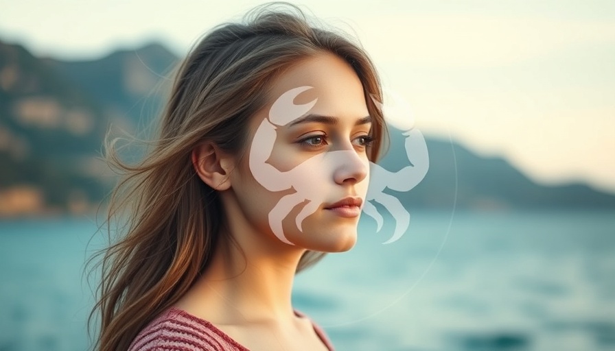 Cancer symbol overlay on a blurred scenic view of woman by the sea, highlighting Cancer rising traits.