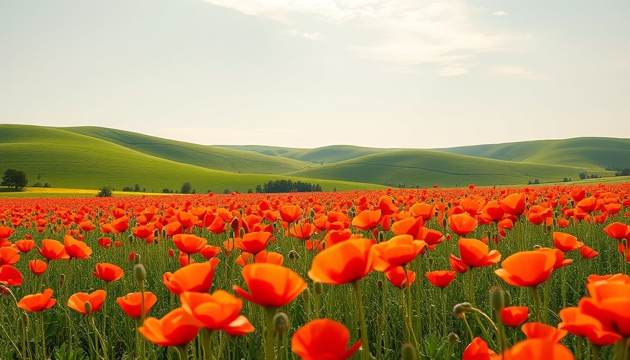 Vibrant poppy field for weekend relaxation strategies under a clear sky.