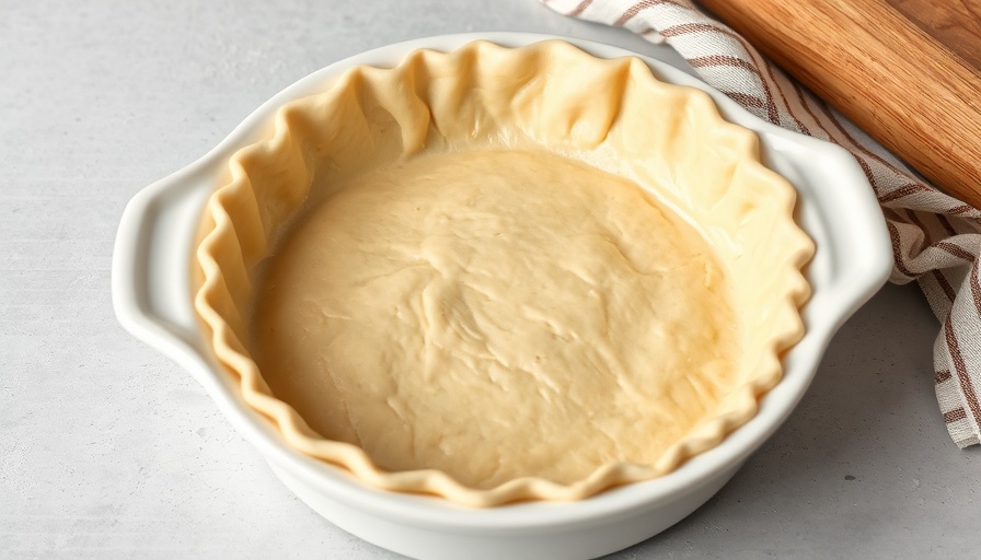 High-protein pie crust in a ceramic dish with kitchen knife.
