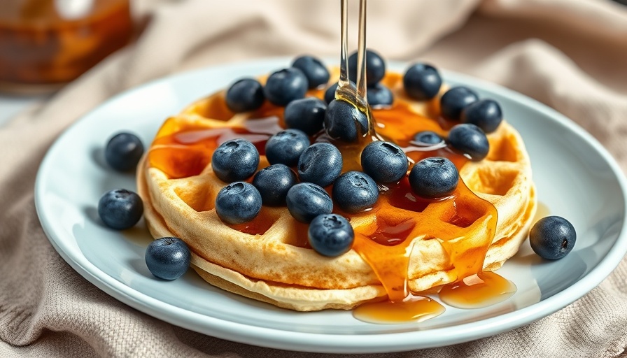 Cottage cheese waffles with blueberries and syrup.
