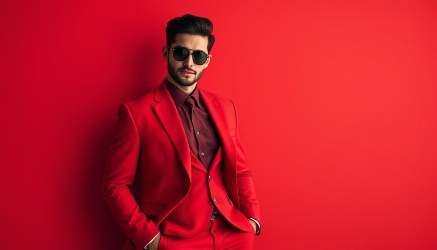 Stylish person in red suit posing confidently against red background.