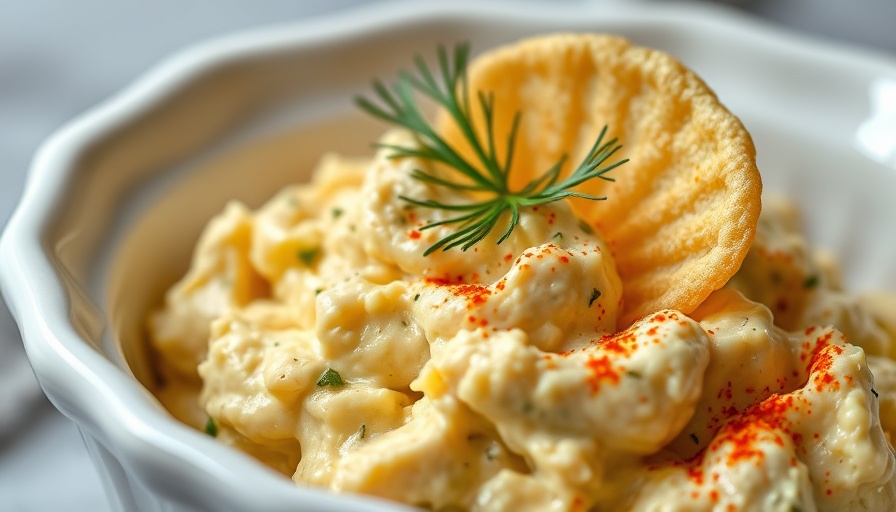 Easy Deviled Pickles topped with cream, dill, and a chip.