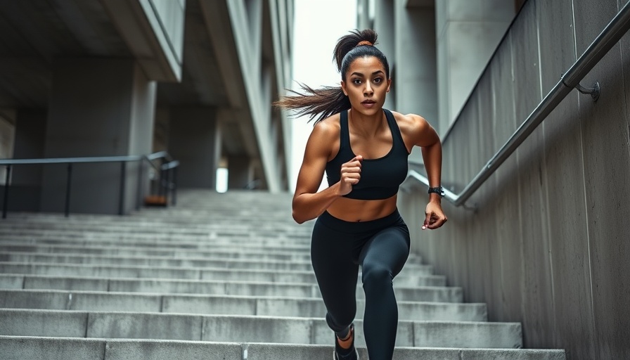 Athletic woman sprinting up stairs outdoors, linked to healthy lifestyle.