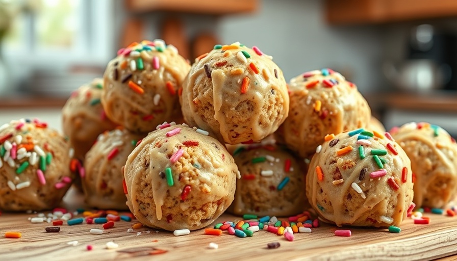 Close-up of cake batter protein balls with sprinkles.