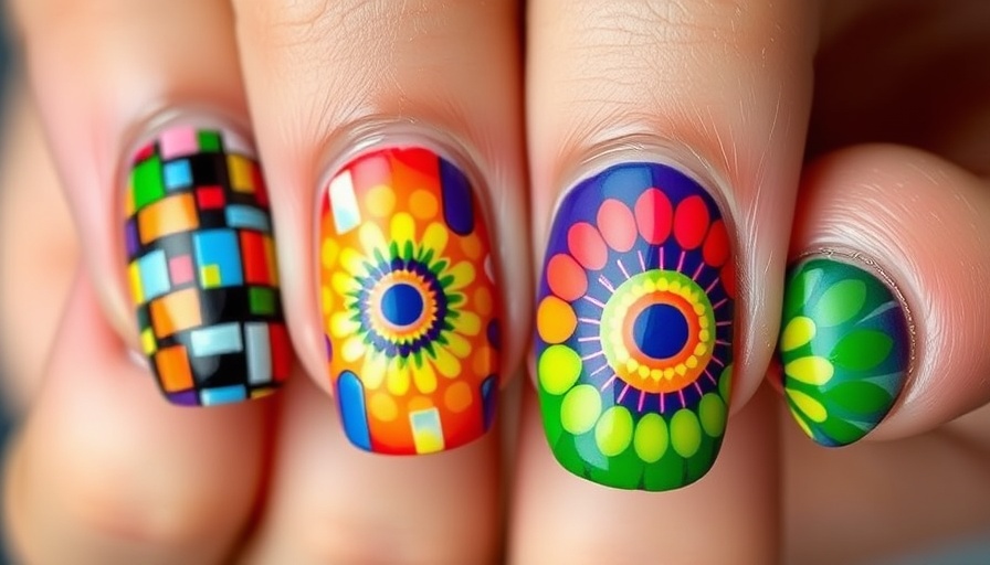 Colorful pride month nail ideas featuring mosaic and gradient designs.