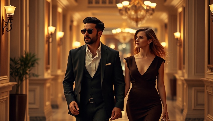 Stylish couple in Jon Hamm's new black comedy, cinematic setting.