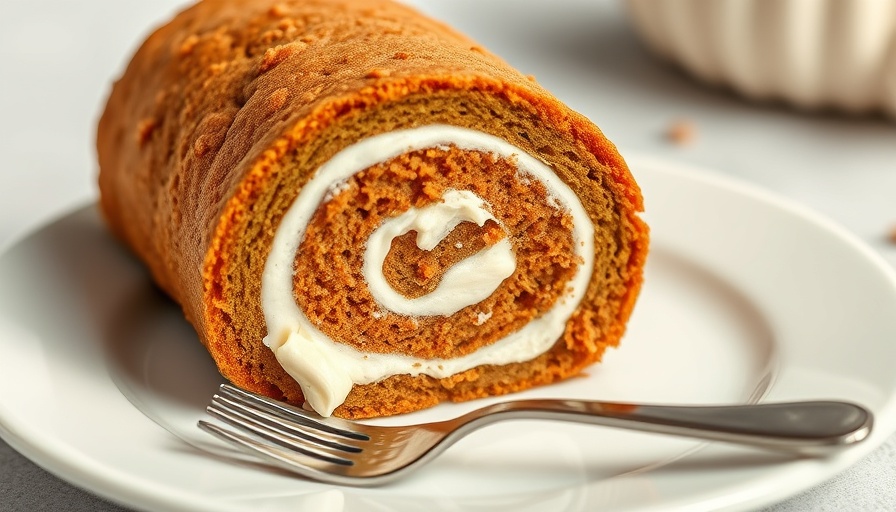 Protein carrot cake roll with creamy swirl on a plate.