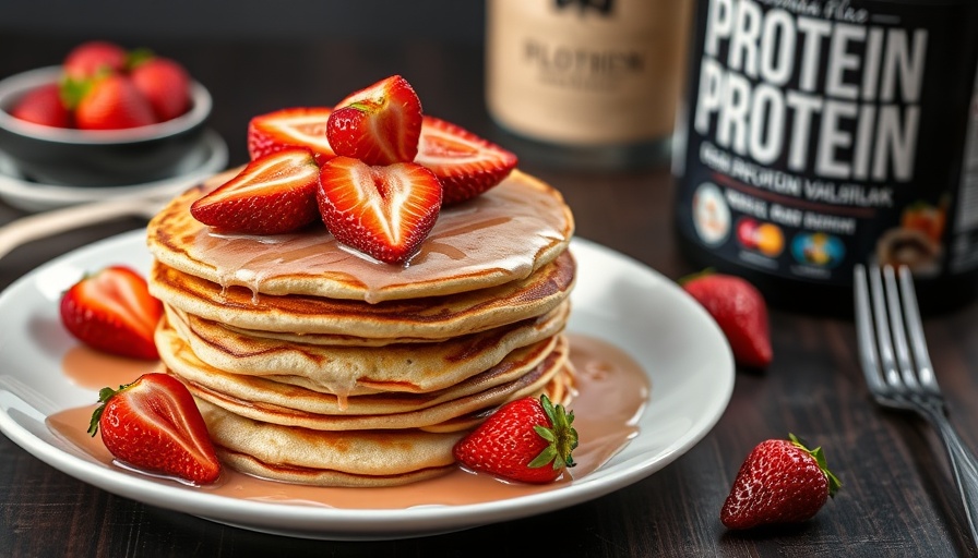 Egg-free strawberry vanilla protein pancakes with fresh strawberries on a plate.