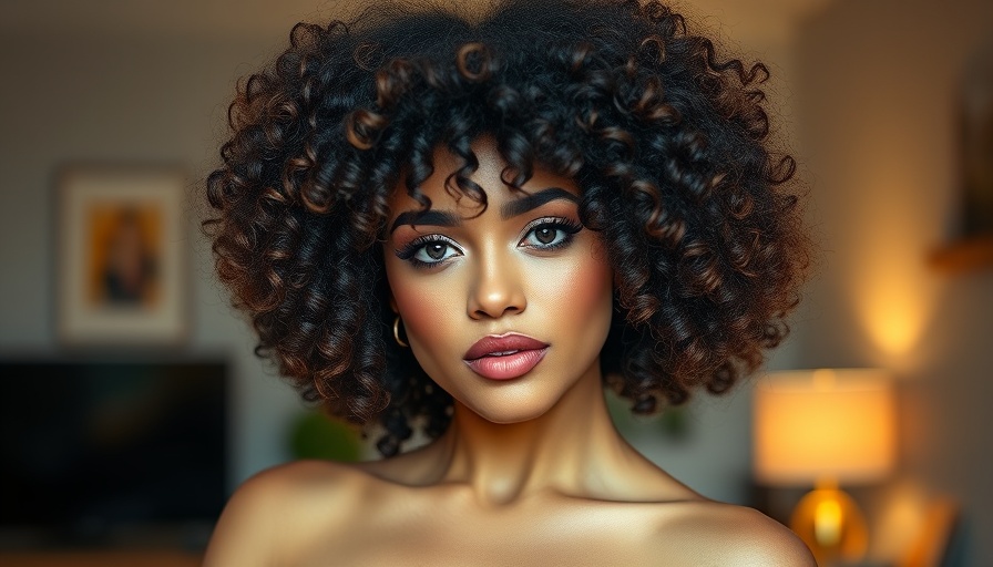 Stylish woman with vibrant curls and SPF packed makeup indoors.