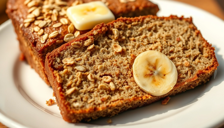 Oat flour banana bread slice with bananas and oats.