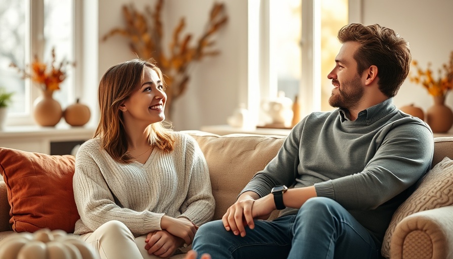 Young couple discussing communication on sofa in bright living room.