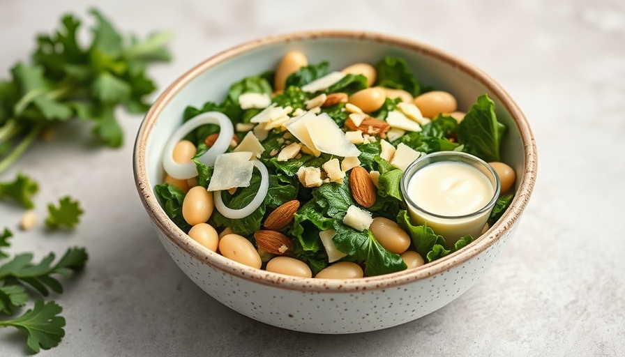 Colorful butter bean lemon kale salad with cheese, almonds, and dressing.