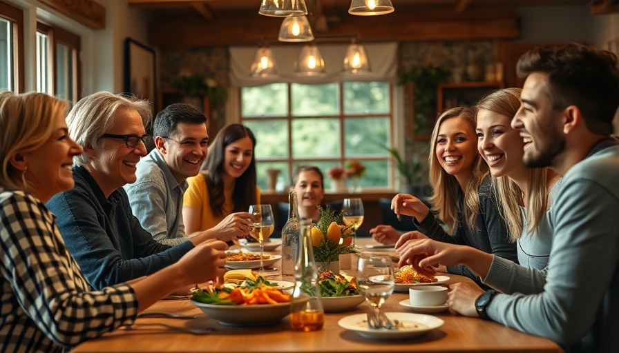Joyful dinner gathering with friends sharing a meal.