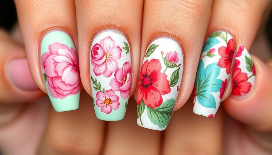 Intricate Strawberry Matcha Nails with floral designs on different nail shapes.
