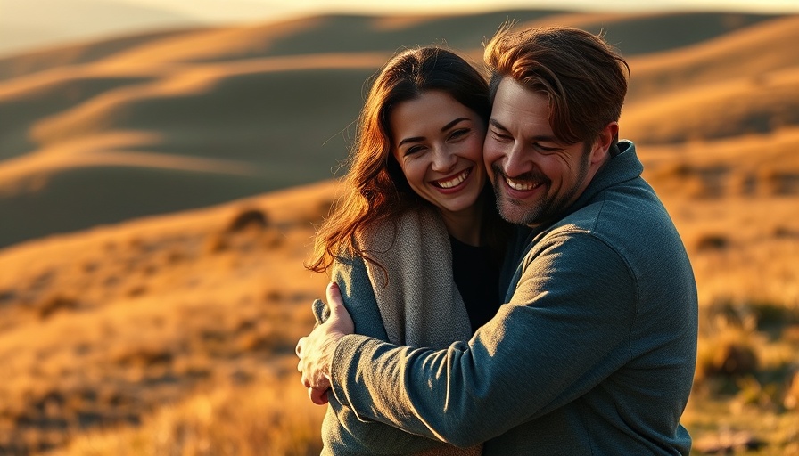 Smiling couple standing in a warm, hilly landscape at sunset.