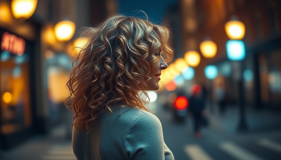 Blonde woman in city, showing youthful hair color, photorealistic.