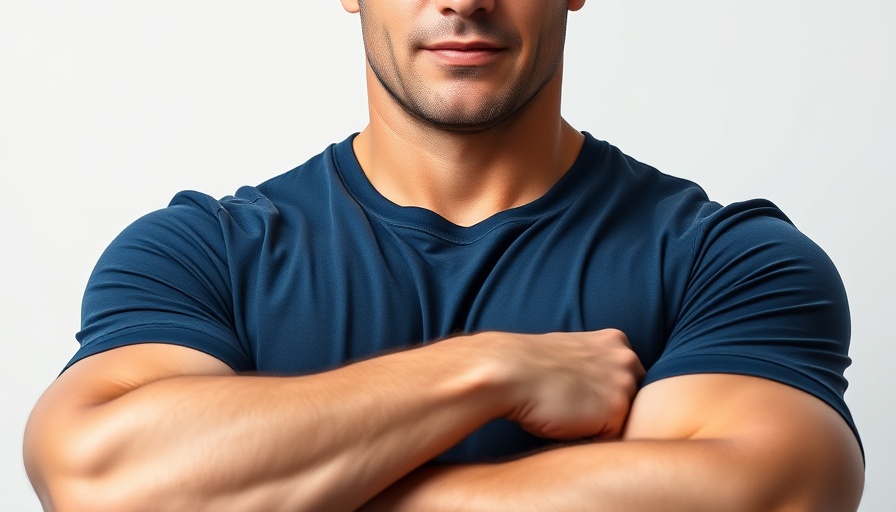 Muscular man in navy t-shirt with crossed arms, male breast reduction.