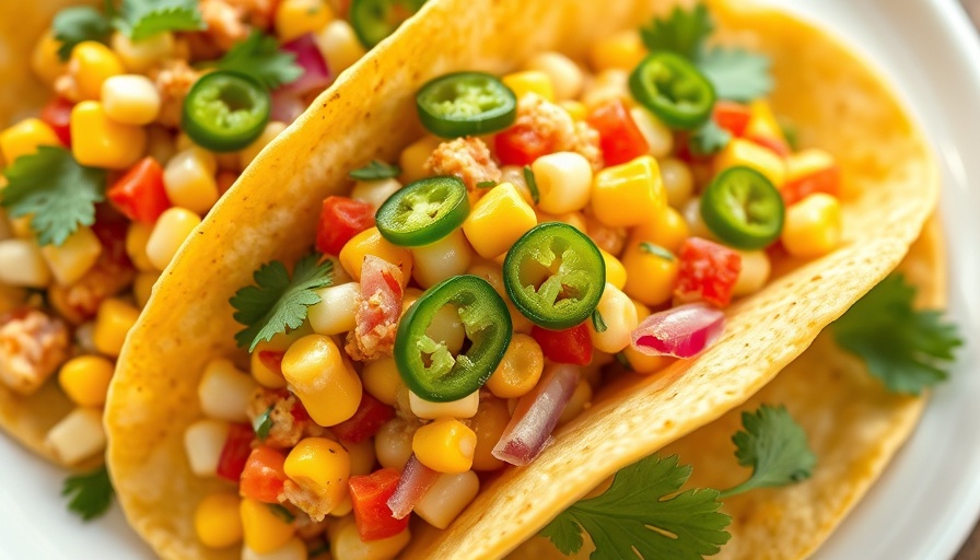 Vibrant street corn smash tacos with jalapeños and cilantro.