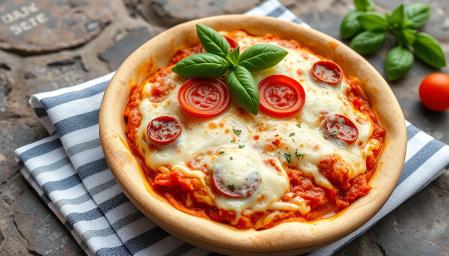 Cottage cheese pizza bowl with pepperoni in a white dish.
