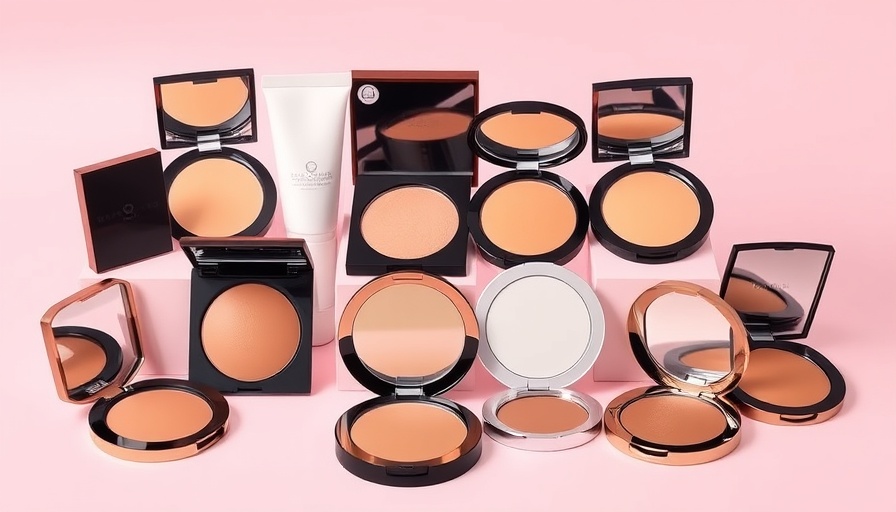 Selection of best drugstore bronzers on light pink background.