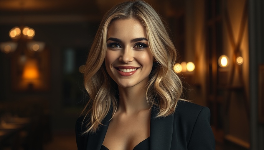Stylish woman in black attire smiling, glowy cream blush.