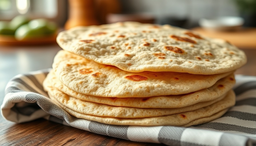 Fresh 2-ingredient protein tortillas stacked on a striped cloth.