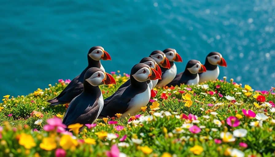 Puffins on a flowered hill with ocean view, capturing simple weekend rituals for happiness.