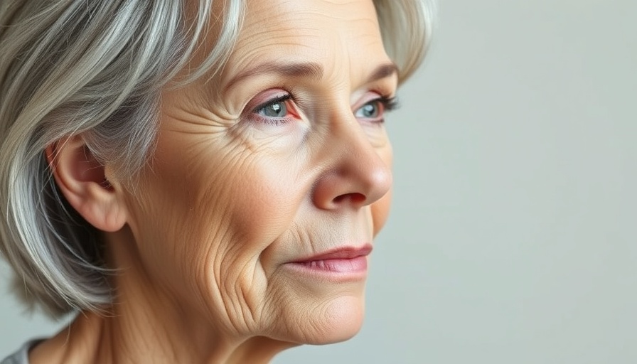 Mature woman with fine lines and wrinkles after 40, silver hair close-up.