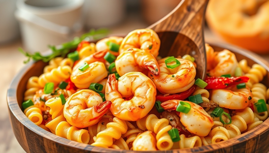 Air fryer shrimp and veggies in skillet with wooden spoon.