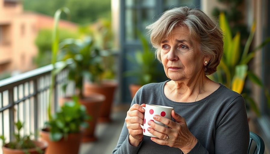 Middle-aged woman holding a mug on a terrace, representing menopause and chronic inflammation discussion.