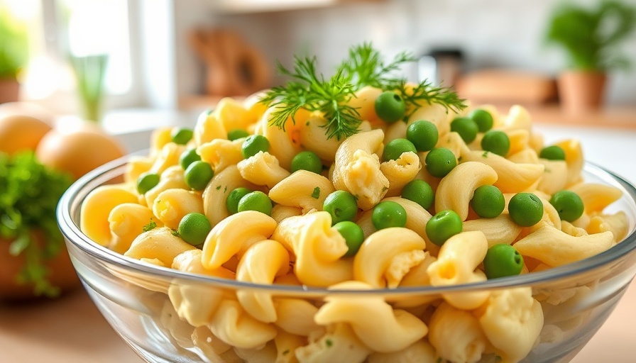 Deviled Egg Pasta Salad close-up with herbs and peas in a bowl.