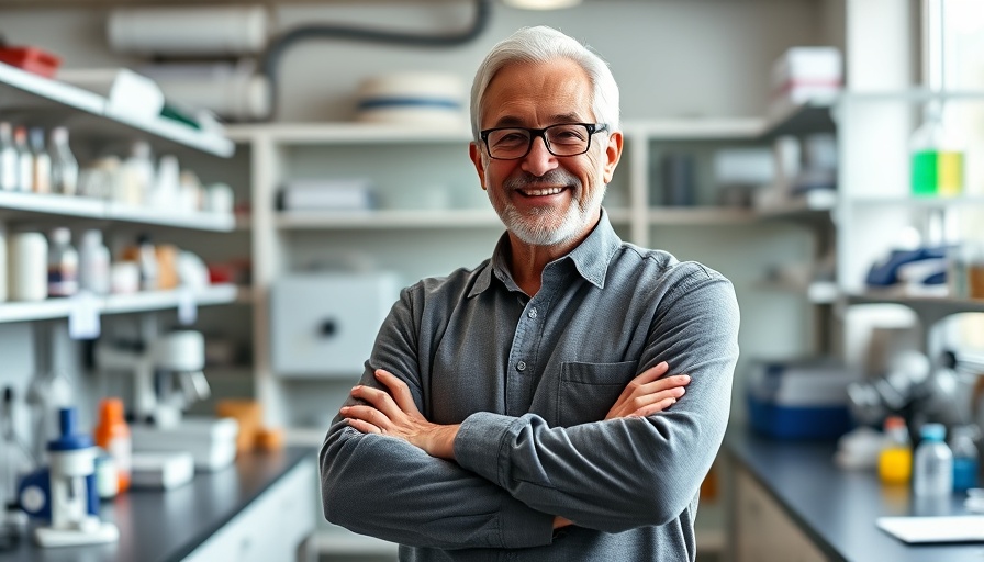 Portrait of confident older man in laboratory, arms crossed.
