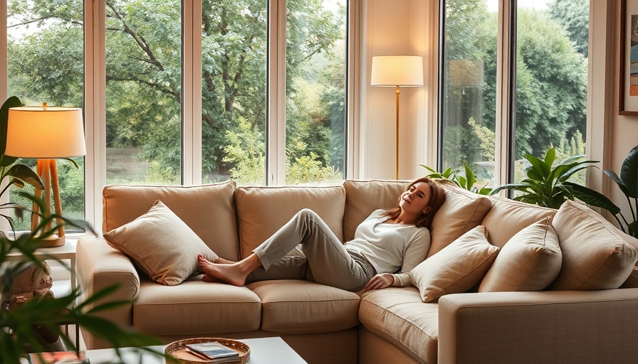 Cozy family living room with woman relaxing, greenery view.