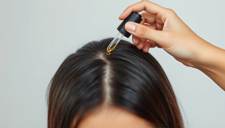 Close-up of serum dropper applying liquid to scalp for hair care.