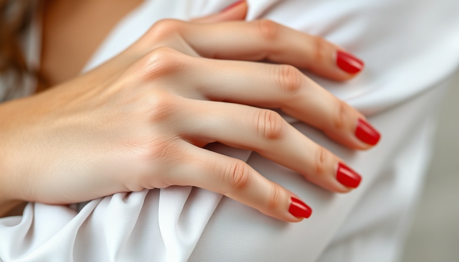 Bride's hand with red nail polish resting on white fabric.