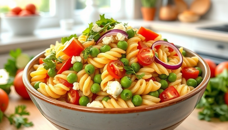 Cottage cheese roasted red pepper pasta salad with vibrant toppings.