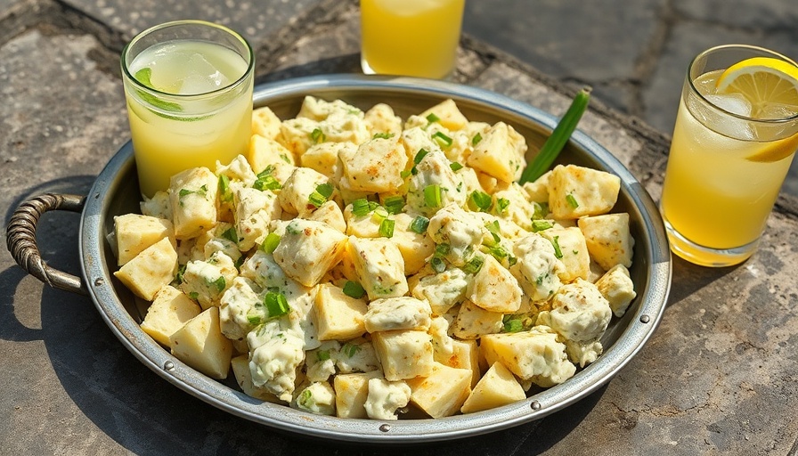 Creamy scallion potato salad on rustic platter with lemon drinks.