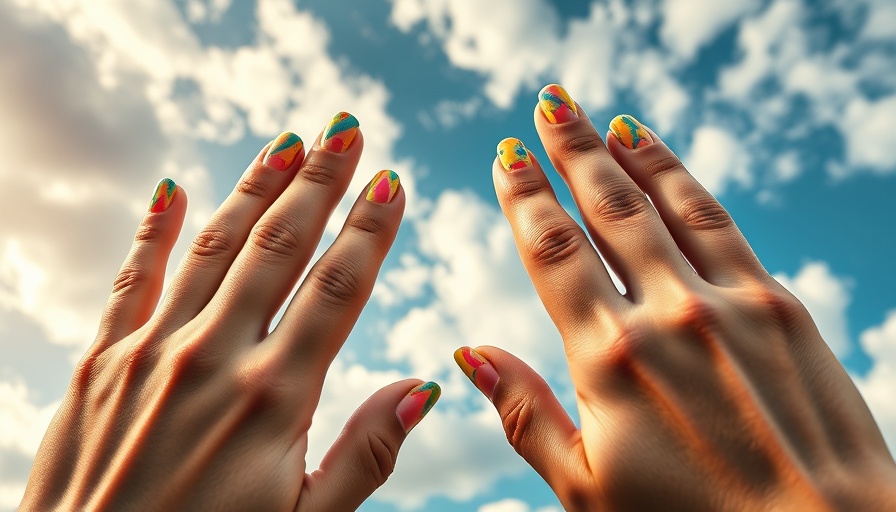 Vibrant summer nail art trends against a blue sky.