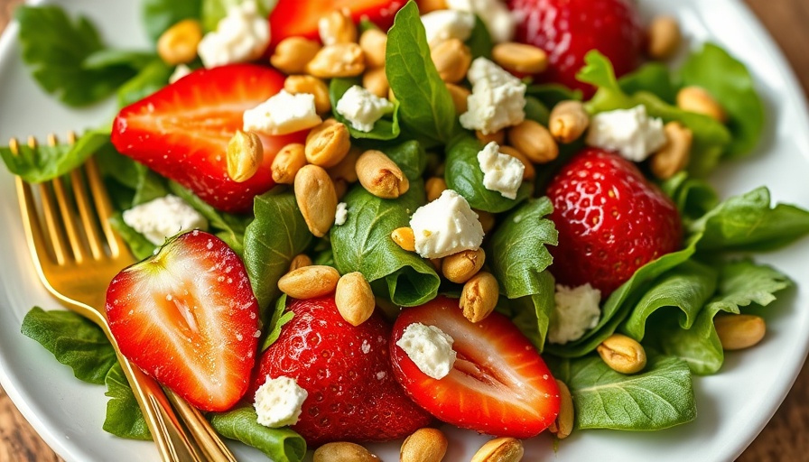 Fresh summer salad with honey roasted pistachios, strawberries, and feta.