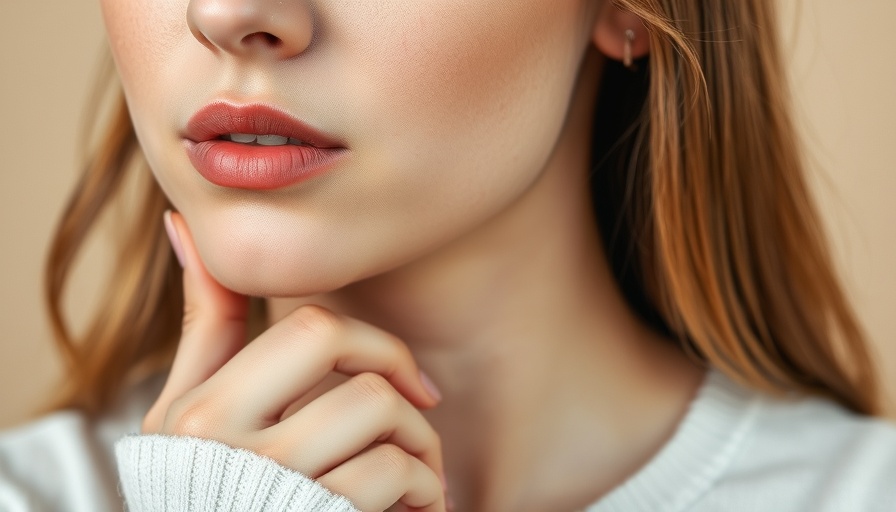 Close-up of woman concerned about her skin, touching chin.
