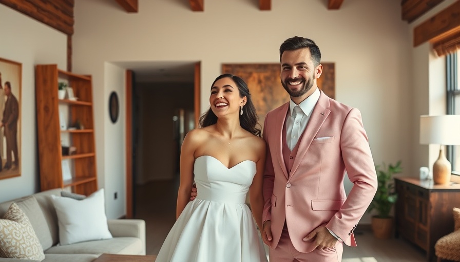 Joyful couple in stylish attire, featuring short wedding dress.