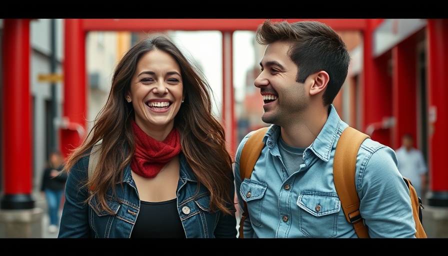 Laughing young couple exploring vibrant city streets.