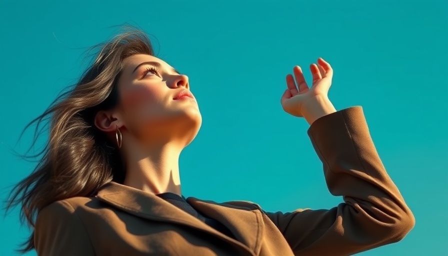 Stylish young woman reaching up towards the sky in a casual outfit.